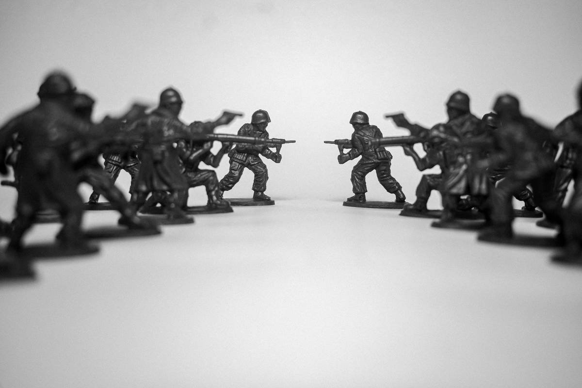 Toy soldiers in formation facing each other